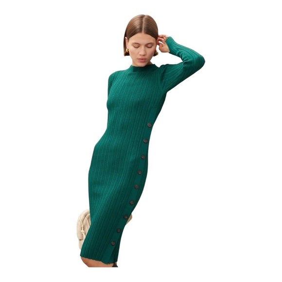 Adam Lippes Collective Sweater Dress Side Buttons Green Ribbed Knit Size Medium - Picture 3 of 11